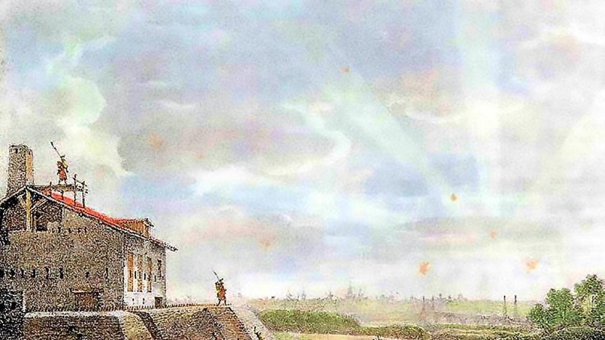 Casa fortificada por los franceses en la Cuesta de la Maruquesa durante la invasión gala.-ÓLEO DE G. ENGELMANN