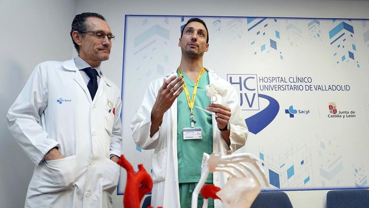 El jefe de cardiología del Clínico, el doctor San Román (I), junto al doctor Amat (D), muestran los modelos en 3D.-ICAL