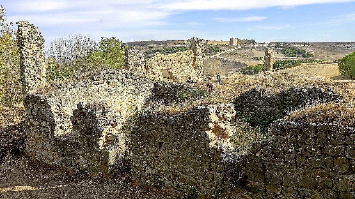 Las ruinas del Monasterio de El Bueso de Urueña, donde acaban de comenzar los trabajos de excavación, con la villa amurallada al fondo.-J.M. LOSTAU