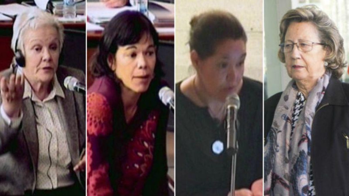 De izquierda a derecha, Mercedes Vallès, esposa de Fèlix Millet; Clara y Laila Millet, hijas del expresidente del Palau, y Mercedes Mir, esposa de Jordi Montull, este lunes, en la Ciutat de la Justícia.-