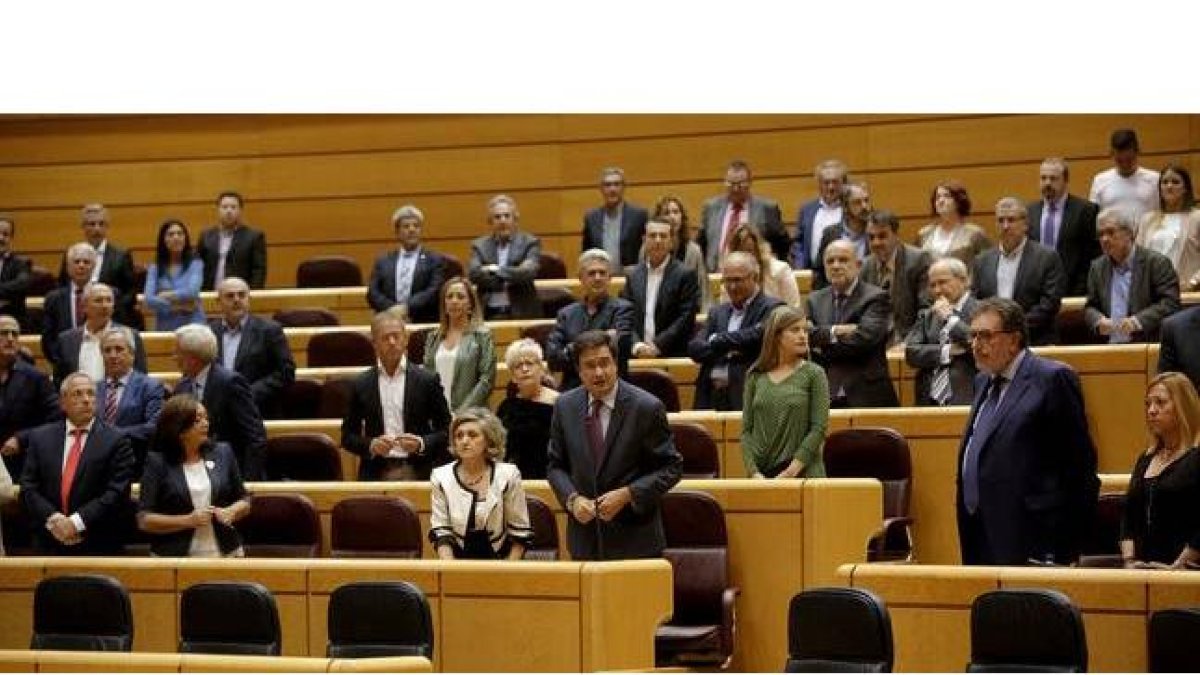 Senadores de la oposición de pie, en protesta por la ausencia de miembros del Gobierno en el Senado.-JOSE LUIS ROCA