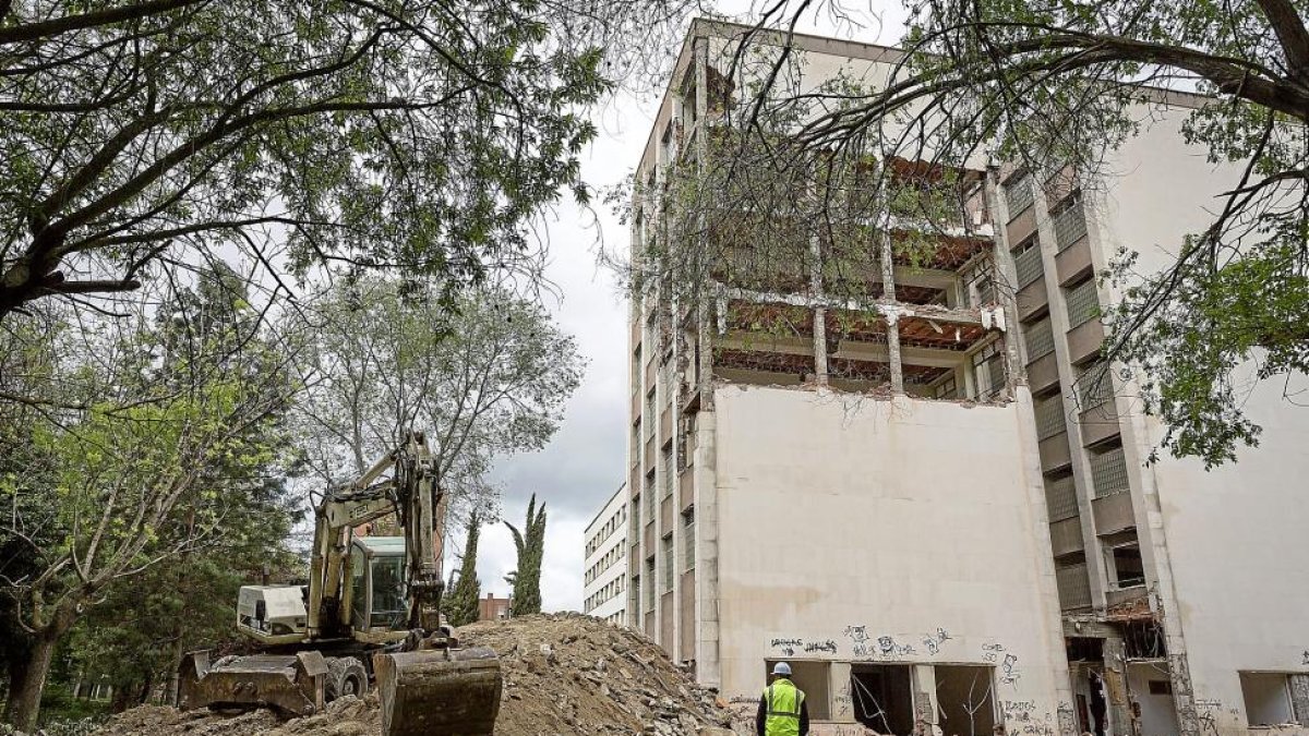 Un operario y una excavadora en los trabajos de demolición de la torre Mergelina.-MIGUEL ÁNGEL SANTOS