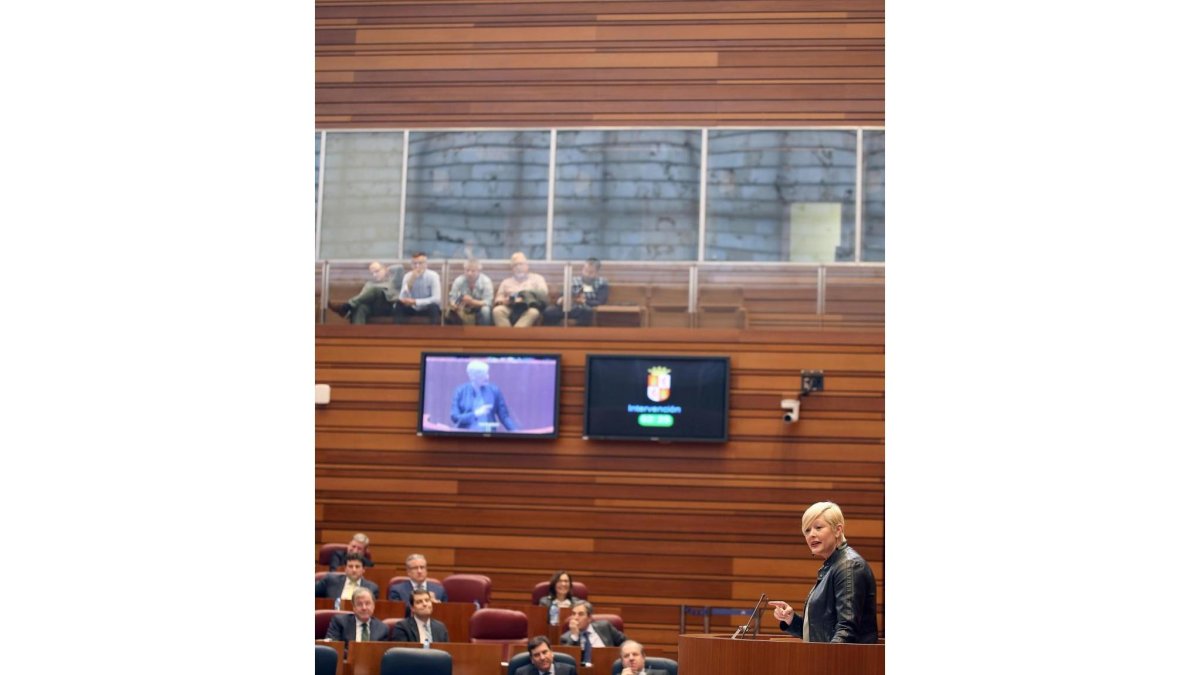 Intervención de la procuradora popular Irene Cortés en el Pleno de las Cortes. En la tribuna de invitados, el comité de empresa de la central nuclear de Garoña-ICAL