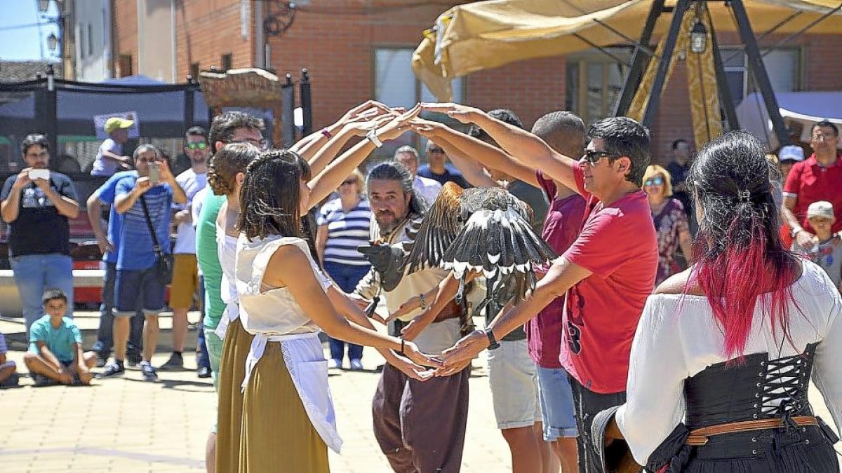 Un ave rapaz pasa entre los brazos de un grupo de voluntarios en la demostración de cetrería, ayer en Villalba.-S. G. C.