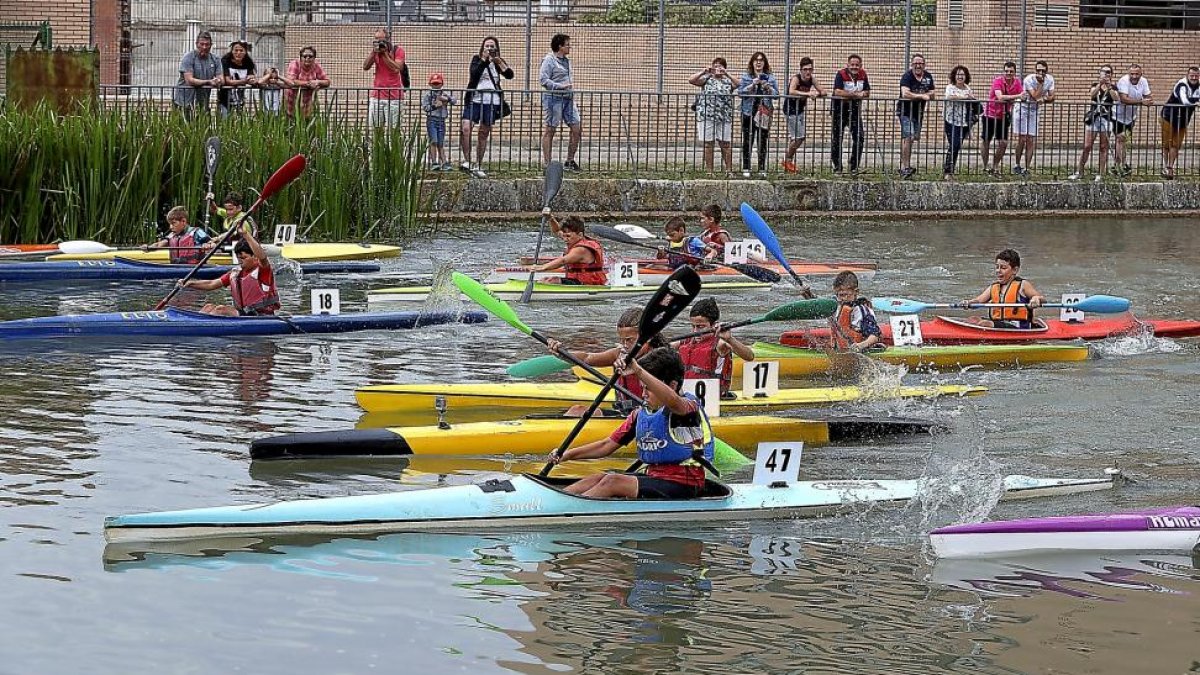 Espectadores animan a los piragüistas más pequeños durante una prueba de piragüismo celebrada anteriormente en Valladolid.