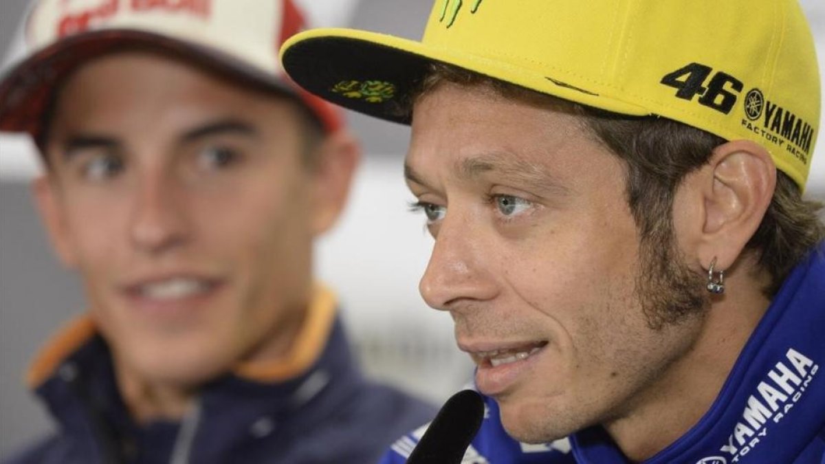 Valentino Rossi y Marc Márquez, en la conferencia de prensa del Gran Premio de Austria.-MIRCO LAZZARI