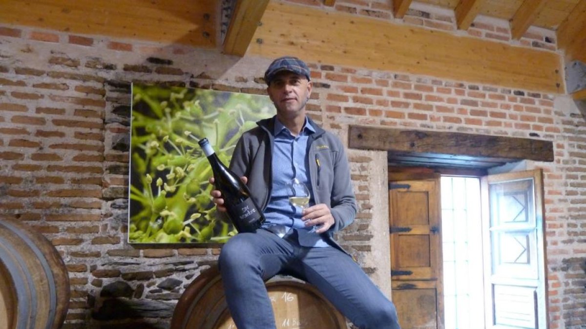 Ismael Gozalo, en su bodega con una de sus creaciones de blancos.-T.S.T