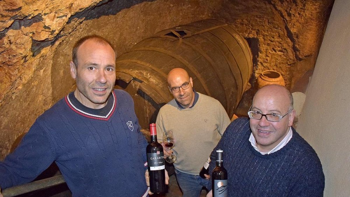 Los hermanos Juan, Fidel y Dativo Velasco, con sus vinos Garabitas y Peña Rejas en la bodega.-