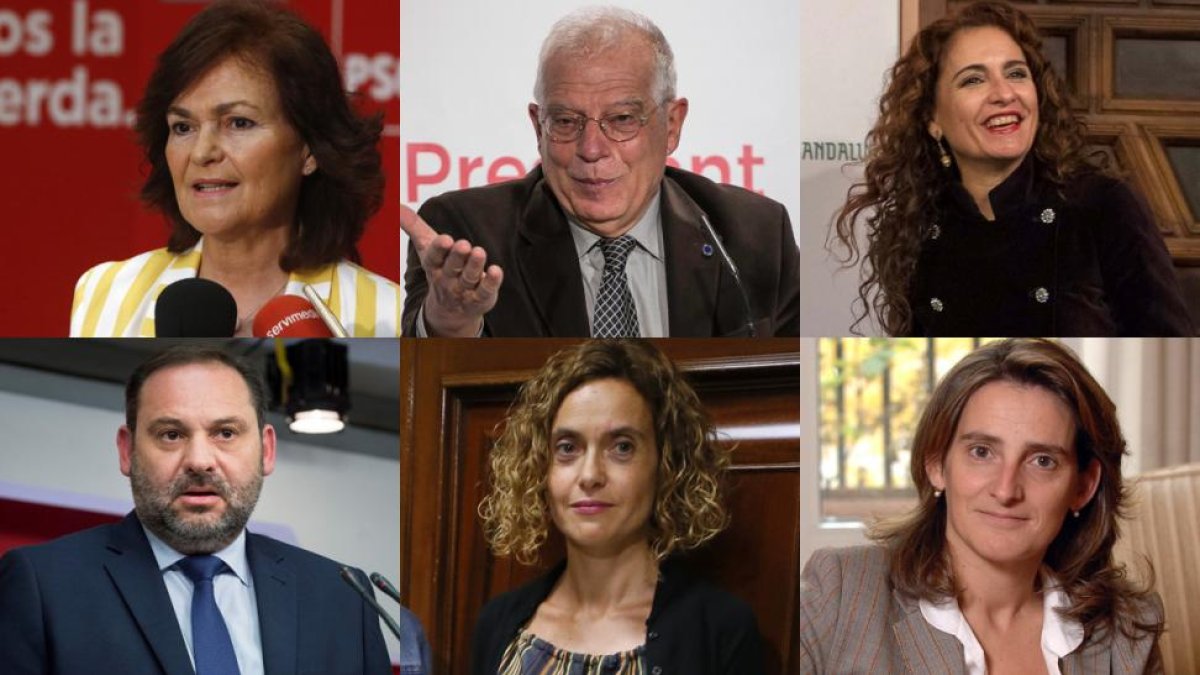 Seis de los nuevos ministros del Gobierno de Pedro Sánchez. De izquierda a derecha y de arriba a abajo: Carmen Calvo, Josep Borrell, María Jesús Montero, José Luis Ábalos, Meritxell Batet y Teresa Ribera.-EL PERIÓDICO