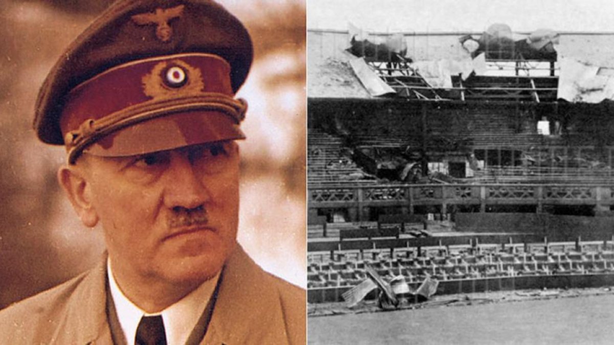 Hitler, junto a una imagen de los daños en la pista central de Wimbledon por el bombardeo de la aviación nazi.-ARCHIVO