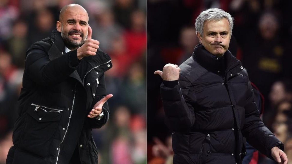 Mourinho y Guardiola, durante el derbi de Manchester del domingo pasado-/ CARL RECINE (REUTERS)