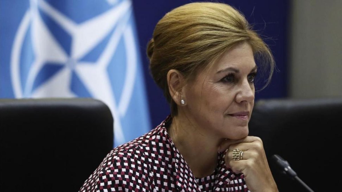 Cospedal, durante la videoconferencia con las tropas en el exterior para transmitirles un mensaje con motivo del 12-O.-MARISCAL (EFE)