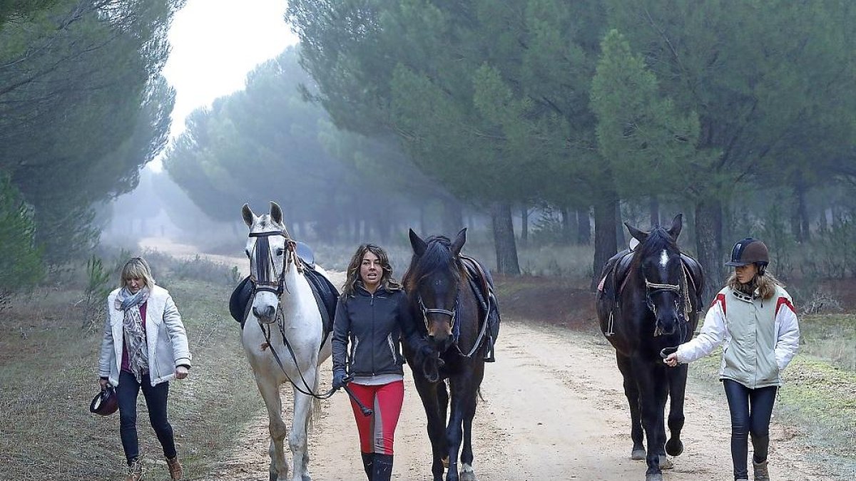 Una de las responsables de la ruta a caballo junto con dos participantes mientras realizan el itinerario con los caballos en la localidad de Simancas.-J.M. LOSTAU