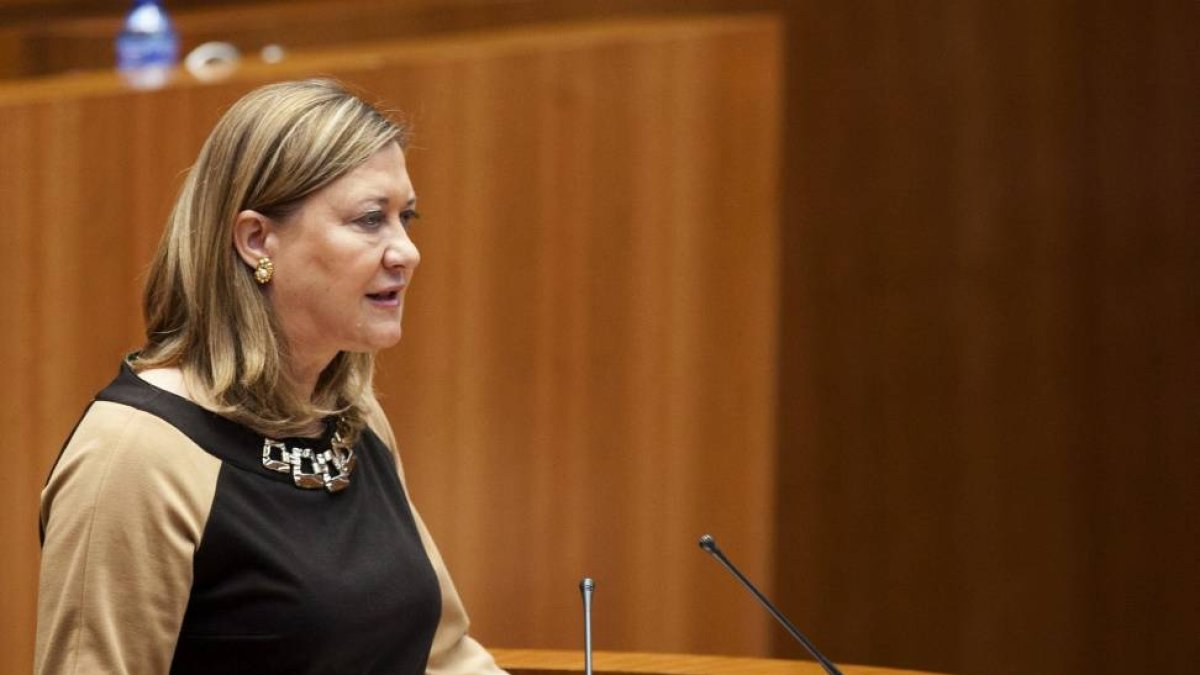 La consejera de Hacienda, Pilar del Olmo, durante su intervención en el pleno de las Cortes-Efe