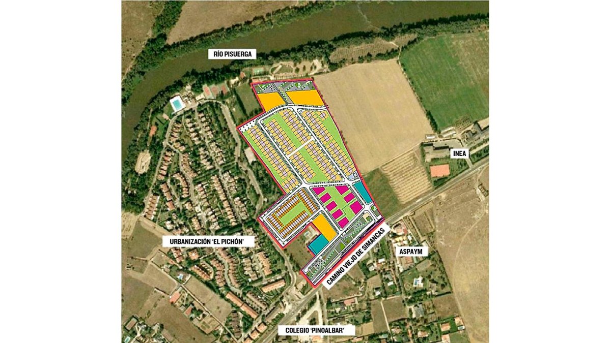 Suelo sobre el que se ubicará el plan parcial del sector 5 de Simancas, e infografía de la ordenación prevista. / E.M.