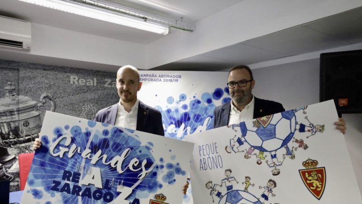 Estos son los puntos de partida de la Campaña de Abonados de la Temporada 2018-19, que hoy han puesto de largo en el Estadio de La Romareda el Vicepresidente del Club, Fernando Sainz de Varanda, y el Director de Marketing, Carlos Arranz.-REAL ZARAGOZA