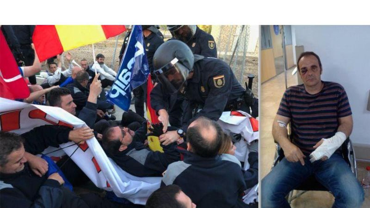 Un momento de la intervención policial del pasado jueves 17 contra funcionarios de prisiones ante el Centro Penitenciario Sevilla II, en Morón de la Frontera (Sevilla). A la derecha, el funcionario D.C., delegado sindical de ACAIP en Sevilla.-EL PERIÓDICO