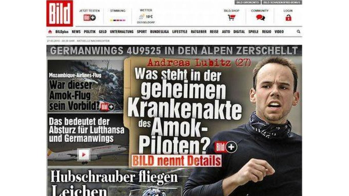 La portada del sensacionalista 'Bild', con una foto de Andreas Lubitz y el titular 'Amok-piloten', 'piloto psicópata'.-