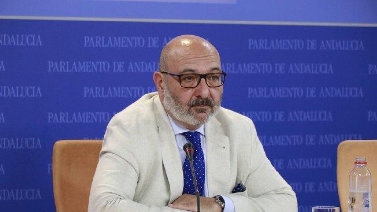 El portavoz de Vox Andalucía, Alejandro Hernández, durante la rueda de prensa-