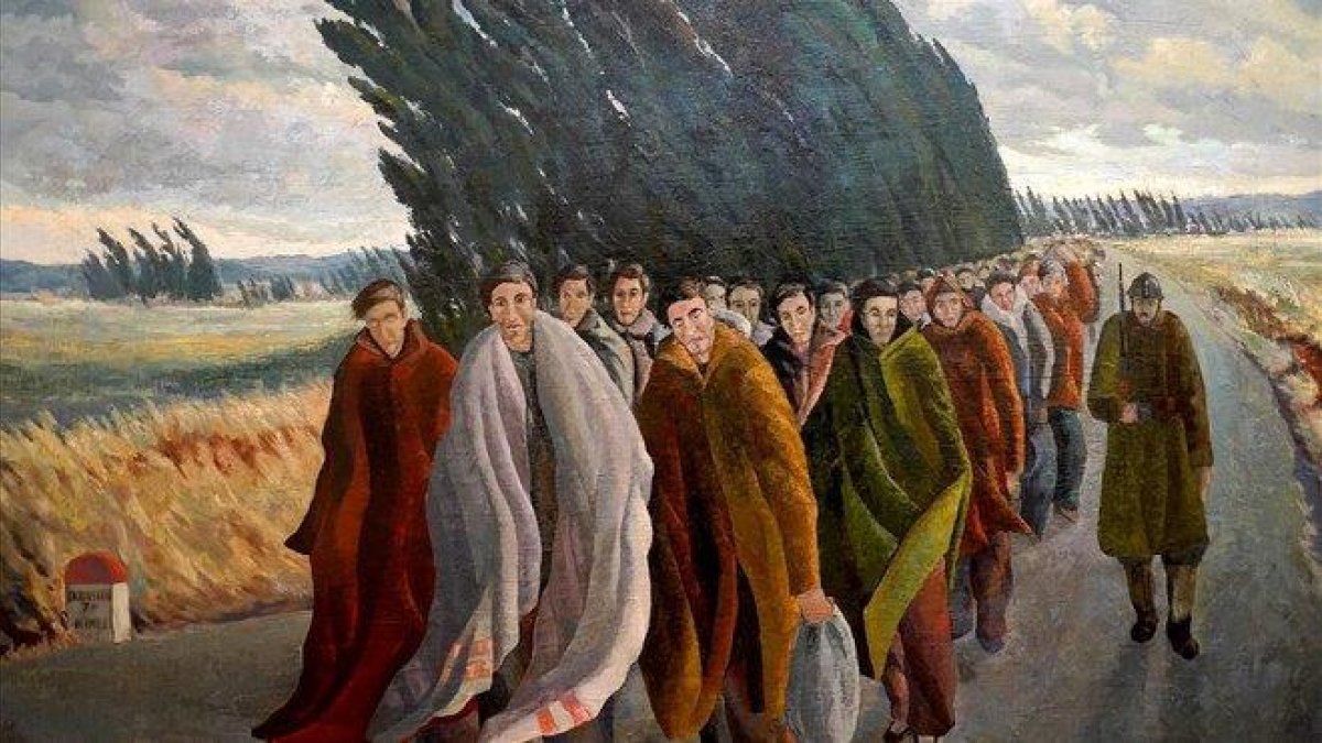 Obra ‘Camí de l’exili’, del pintor Josep Franch-Clapers, uno de los que tuvo que partir al exilio, en la muestra de las Arquerías de Madrid.-JOSÉ LUIS ROCA