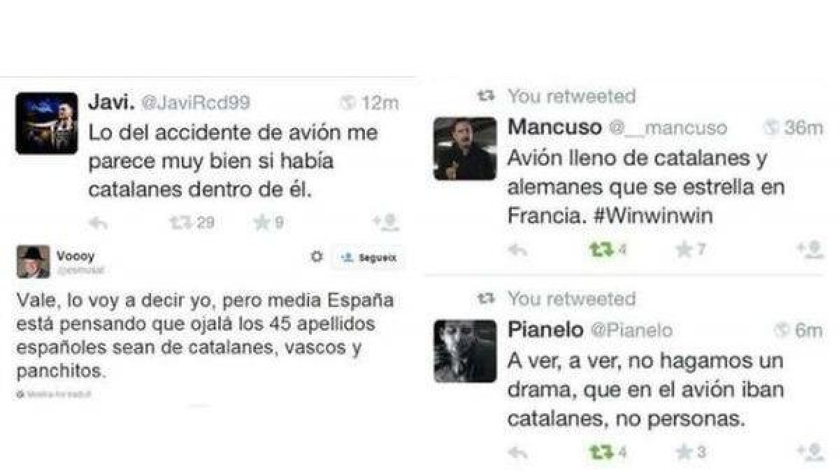 Algunos ejemplos de tuits catalanófobos tras la tragedia de Germanwings.-