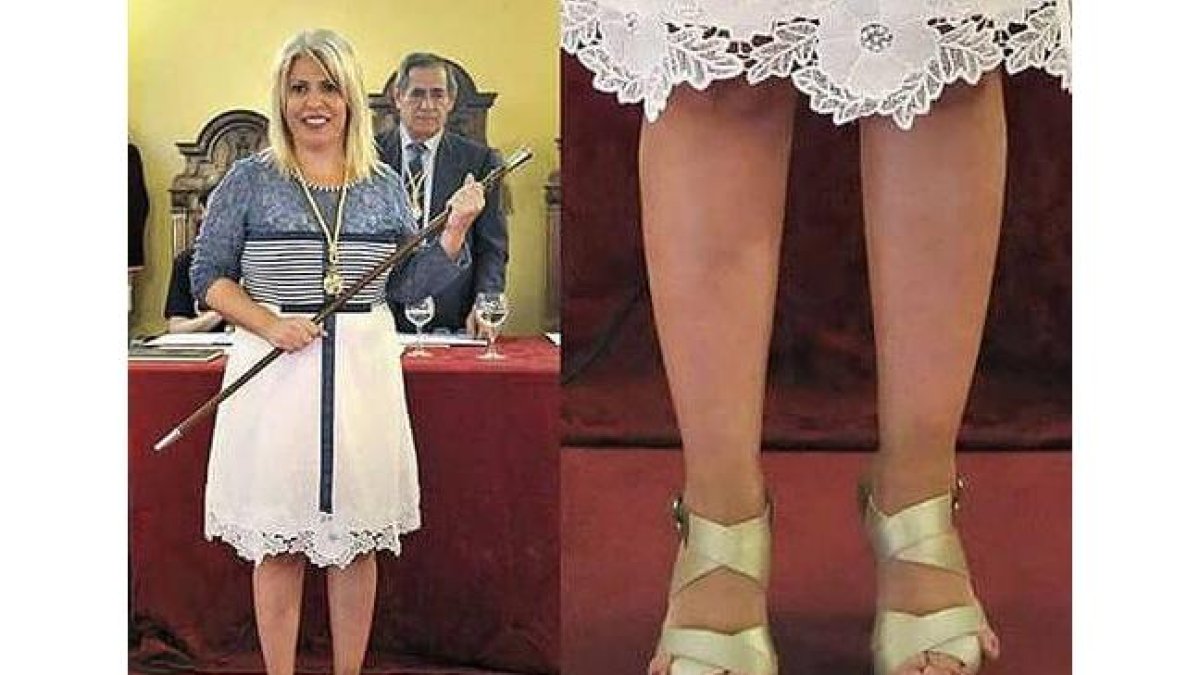 La alcaldesa de Jerez, Mamen Sánchez, el día de la investidura. A la derecha, detalle de sus zapatos.-