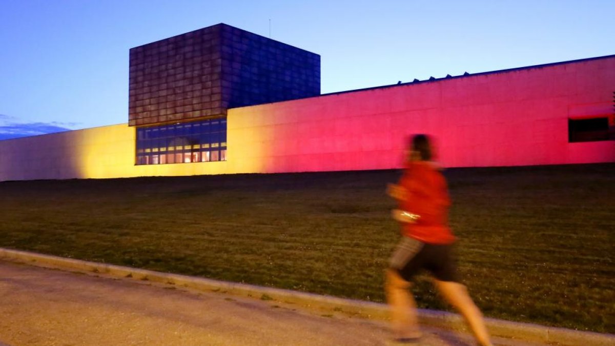La sede del Parlamento autonómico se ilumina con los colores de la bandera de Bélgica con motivo de los atentados perpetraros en Bruselas.-ICAL