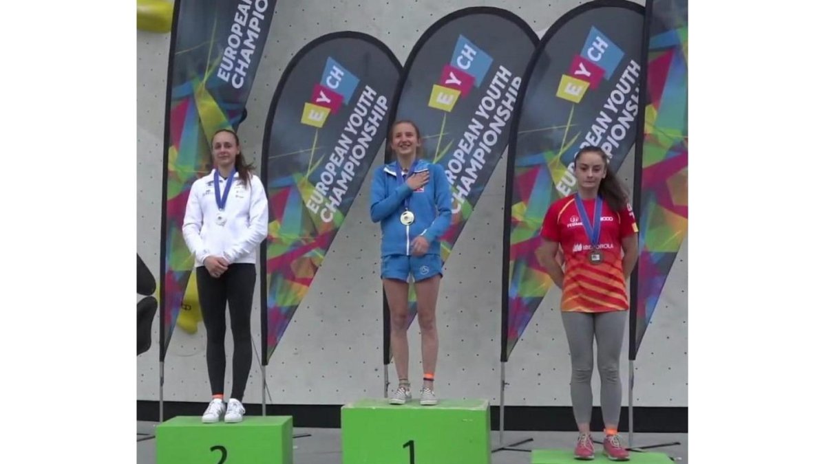 Iziar Martínez (derecha) en el tercer cajón de la Copa de Europa juvenil de dificultad. / El MUNDO