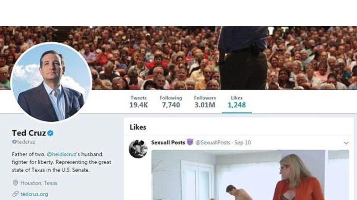 Captura de los me gusta de la cuenta de Twitter de Ted Cruz con el vídeo porno.-EL PERIÓDICO