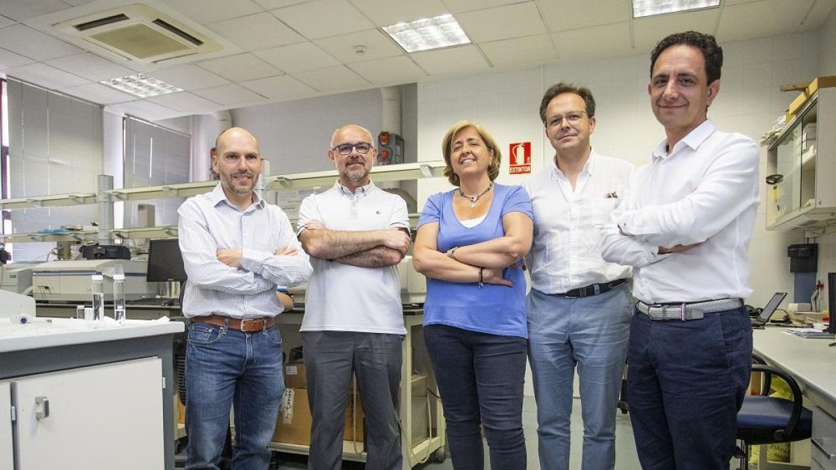 El grupo de investigadores posa en uno de los laboratorios de química orgánica de la Facultad de Ciencias de la Universidad de Burgos.-SANTI OTERO