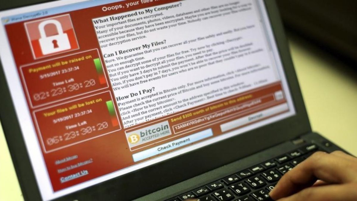 Un programador muestra la captura de pantalla en la que se pide un rescate en bitcoins por los documentos encriptados en Taipei.-EFE / RITCHIE B TONGO