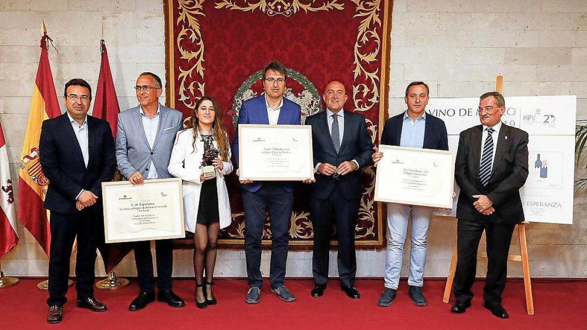 Foto de familia de los premiados junto al alcalde de Peñafiel, el presidente de la Diputación y el presidente de los sumilleres, ayer en el Museo del Vino.-EL MUNDO
