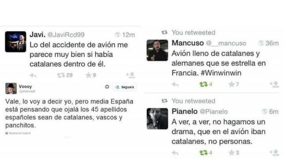Algunos ejemplos de tuits catalanófobos tras la tragedia de Germanwings.-