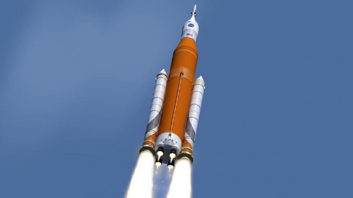 Recreación virtual del lanzamiento del supercohete 'SLS'.-NASA