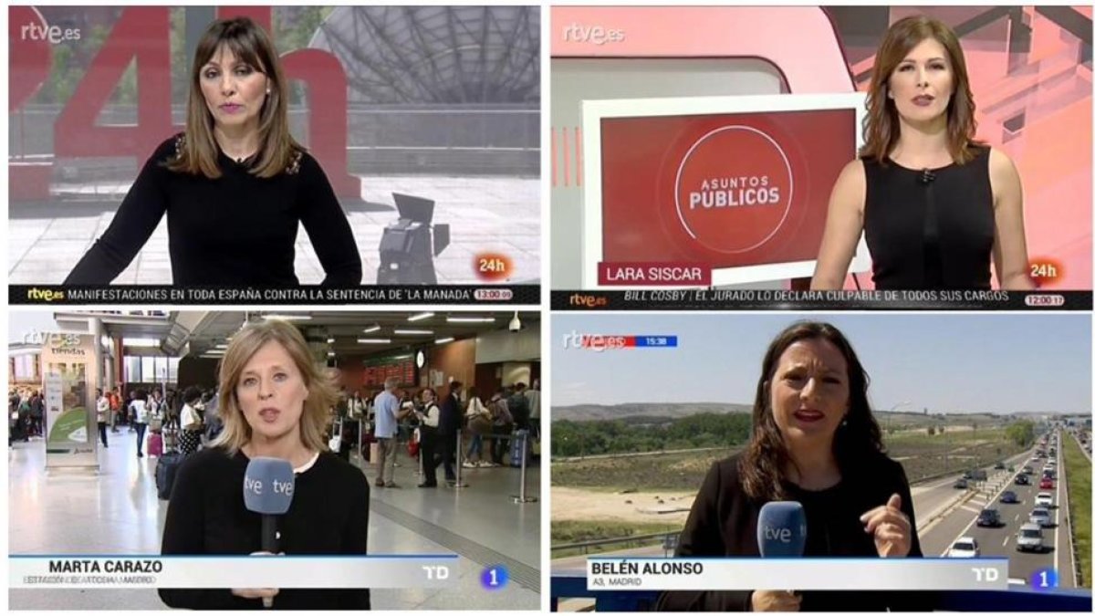 Presentadoras y reporteras de TVE vestidas de negro en protesta contra el control gubernamental de la televisión estatal.-/ TVE