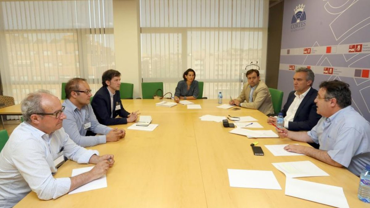 El portavoz de Economía y presidente del Grupo Socialista en las Cortes, Javier Izquierdo (2I), y el procurador José Ignacio Martín Benito (D), se reúnen con representantes del Colegio de Arquitectos/Zona Este.-ICAL
