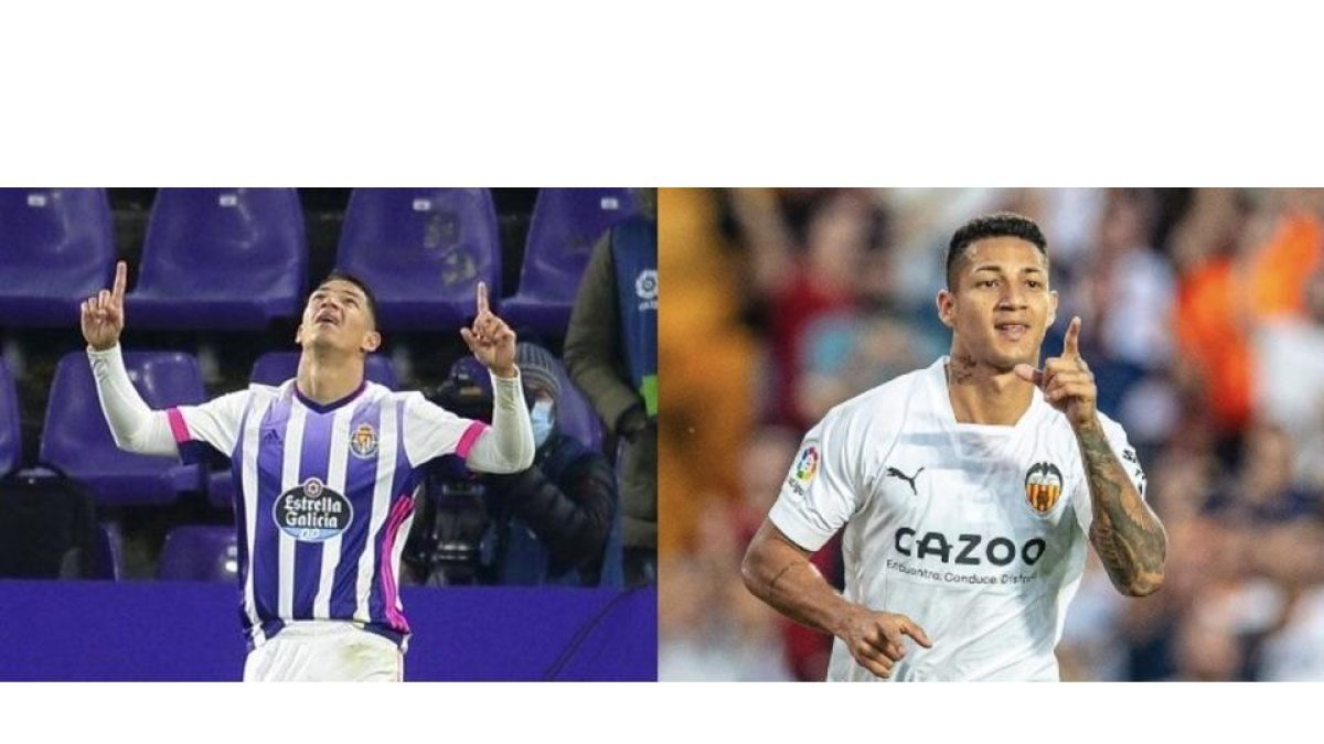 Marcos André celebra goles con el Real Valladolid y el Valencia. / E. M. / LA LIGA