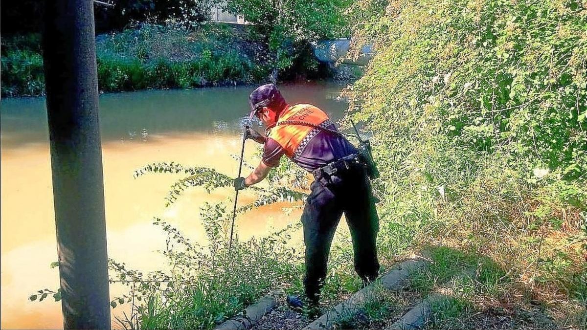Un voluntario en la búsqueda en el río y el cartel de desaparición.-E. M.