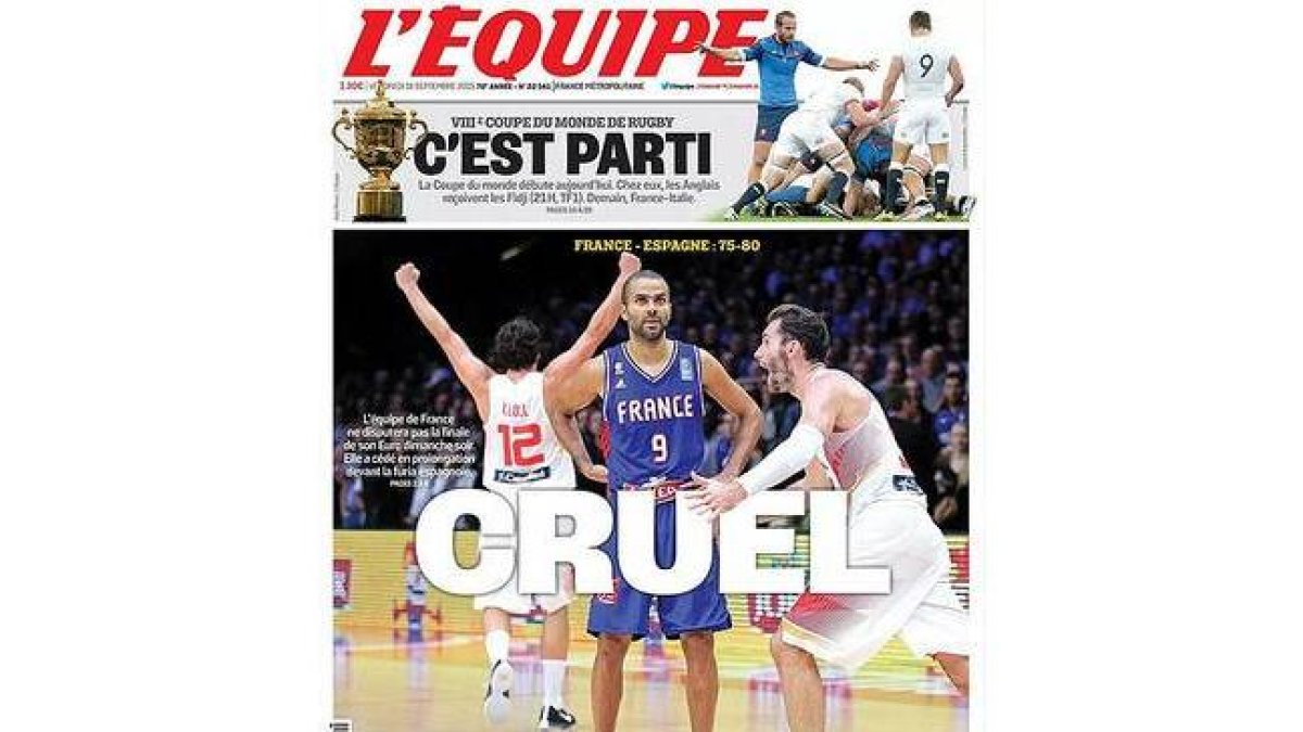 La primera portada de 'L'Équipe' en pequeño formato, dedicada a la victoria de España sobre Francia en el Eurobásquet.-