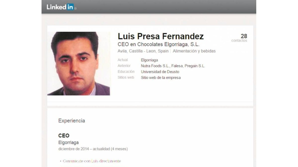 Página de Linkedin, en la que Presa se presenta de gerente-El Mundo