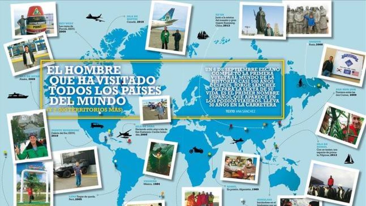 Mapa con algunos de los destinos que ha marcado Jorge Sánchez en su pasaporte.-