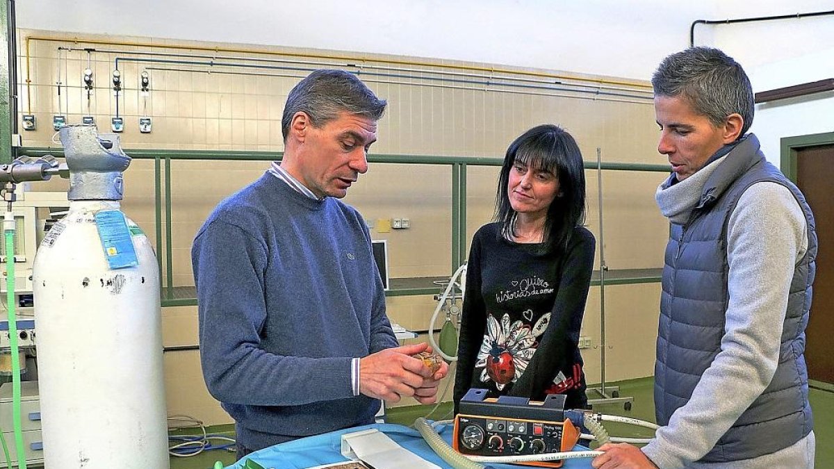 José Manuel Lavigne, responsable de la Unidad de Electromedicina; Marta Regueiro, responsable del Servicio de Anestesiología del Hospital Veterinario de la ULE, y la investigadora Mª Luz Parga.-E.M.