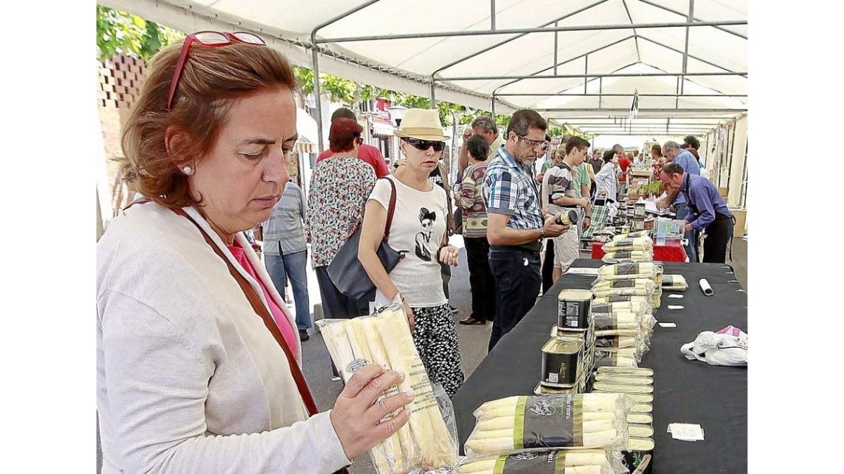 Visitantes de una anterior edición de la Feria del Espárrago de Tudela de Duero examinan el producto.-J.M. LOSTAU