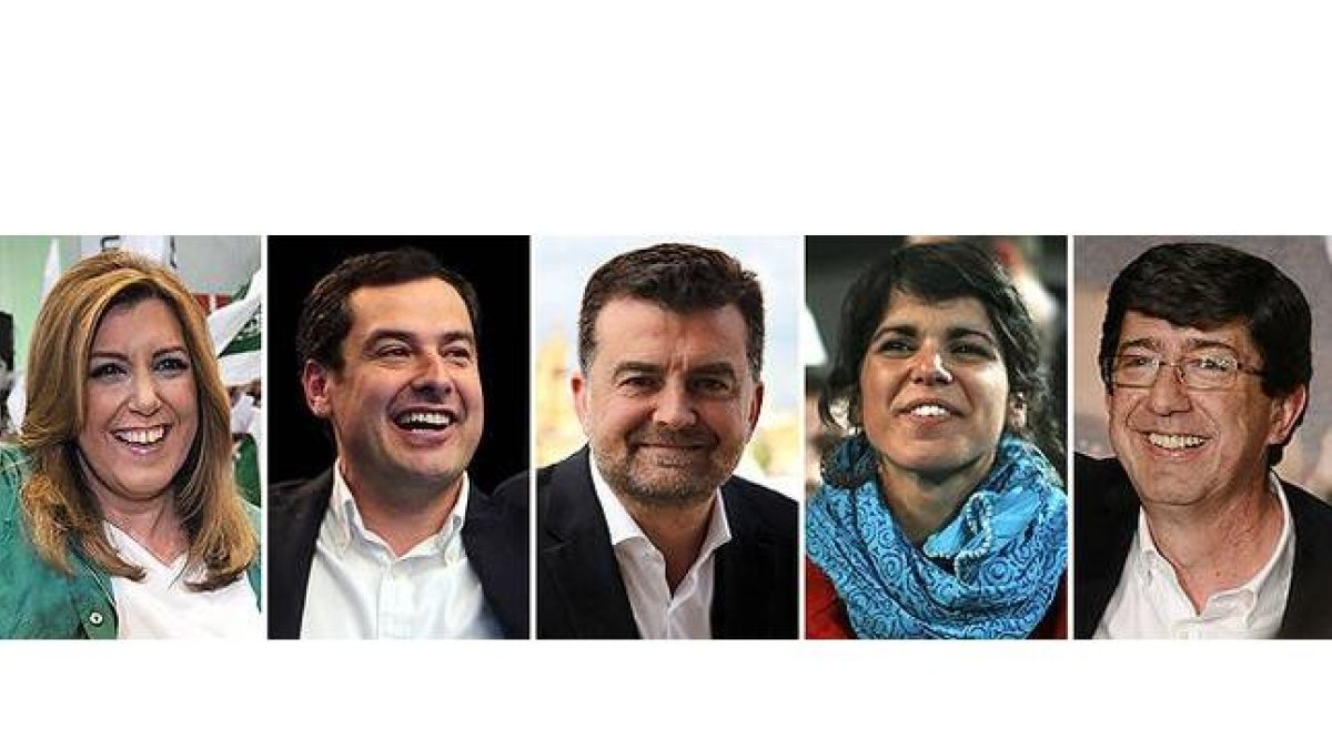 De izquierda a derecha, los candidatos Susana Díaz (PSOE), Juan Manuel Moreno (PP), Antonio Maíllo (IU), TEresa Rodríguez (Podemos) y Juan Marín (Ciudadanos).-