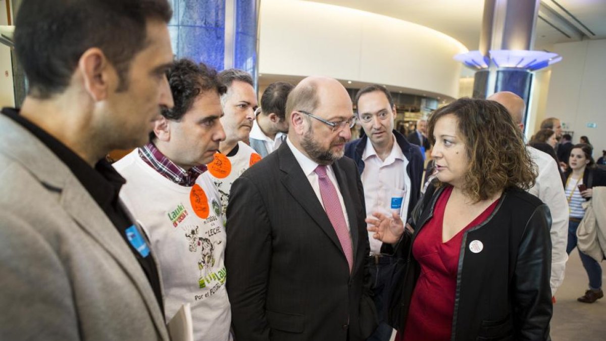 Martin Schulz, presidente del Parlamento Europeo, charla con Iratxe García, eurodiputada, junto a sindicalistas y representantes de los trabajadores de Lauki de visita en el Parlamento Europeo-ICAL