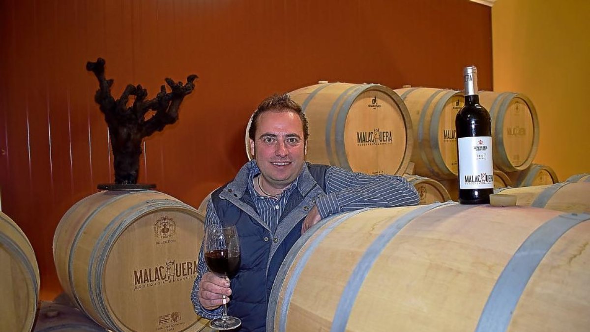 Carlos Rodríguez, en la pequeña nave de barricas de la bodega, donde se envejecen los tintos Malacuera.-ARGICOMUNICACIÓN