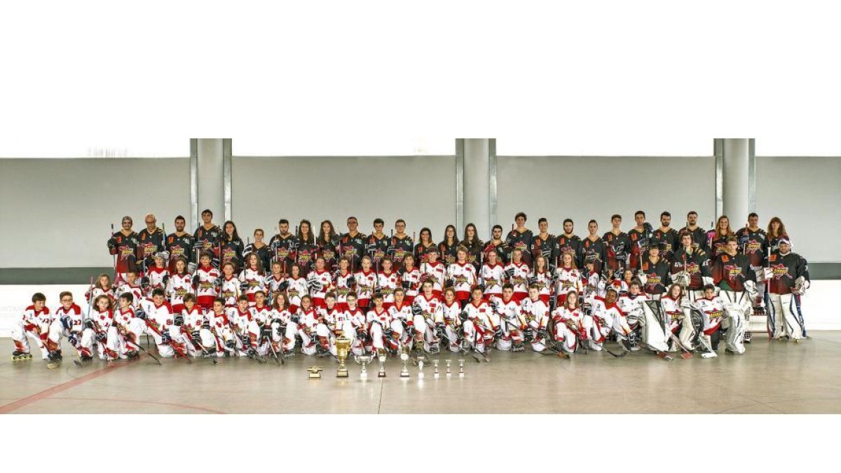 La gran familia del Club Hockey en Línea Arroyo de la Encomienda formada por jugadores y cuerpo técnico  posa en sus instalaciones.-E.M.
