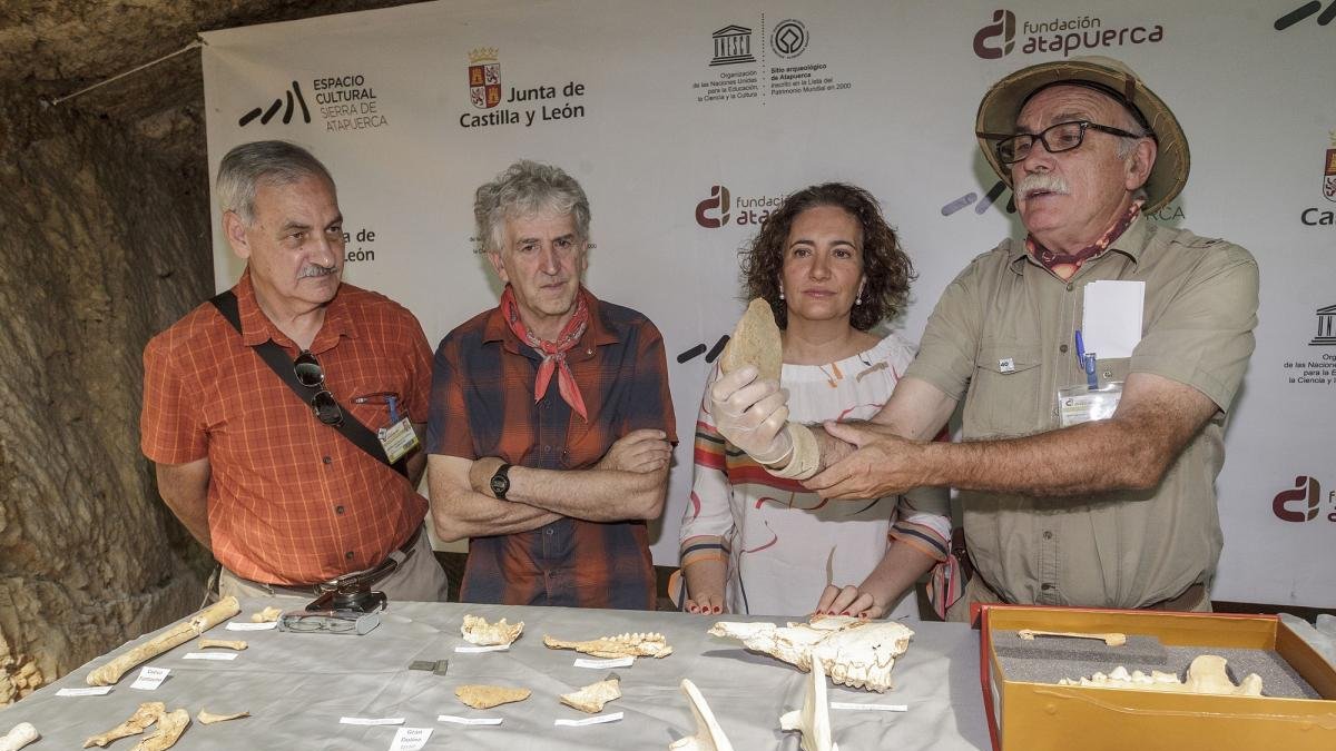 Los codirectores acompañan a la consejera de Cultura, Josefa García Cirac, en la presentación de los hallazgos de la campaña.-SANTI OTERO
