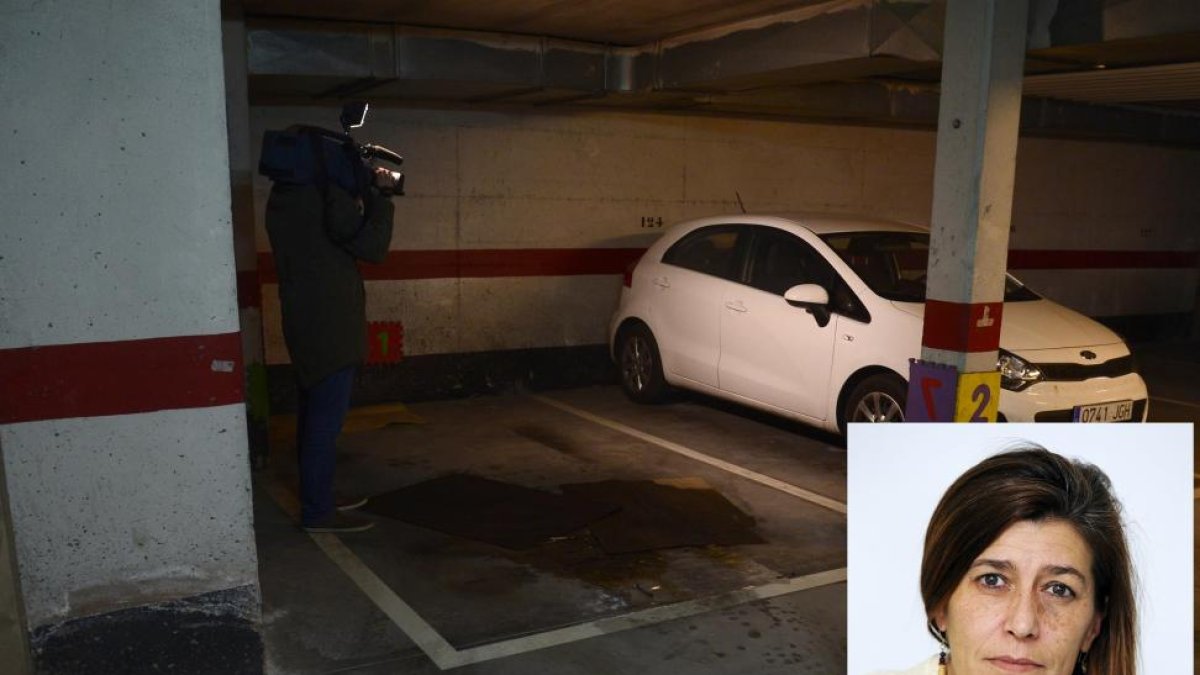 Garaje donde se cometió el asesinato. A la izquierda, imagen de Yolanda Pascual, periodista de EL CORREO DE BURGOS-ICAL / E. M.