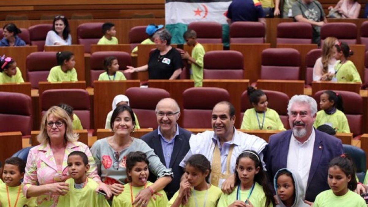 Los vicepresidentes de las Cortes, Ramiro Ruiz Medrano y Ana Sánchez, junto procuradores de todos los grupos parlamentarios reciben a los niños saharauis que participan en el programa 'Vacaciones en Paz'-Rubén Cacho / ICAL